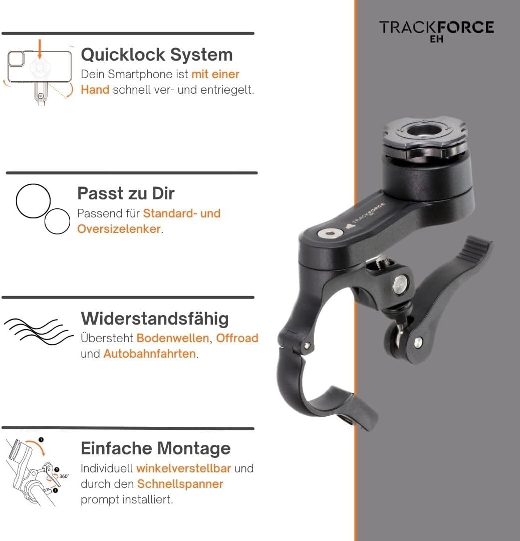 TRACKFORCE - 360° Universelle Handyhalterung mit Vibrationsdämpfer - für Motorrad, Fahrrad & E-Scoot