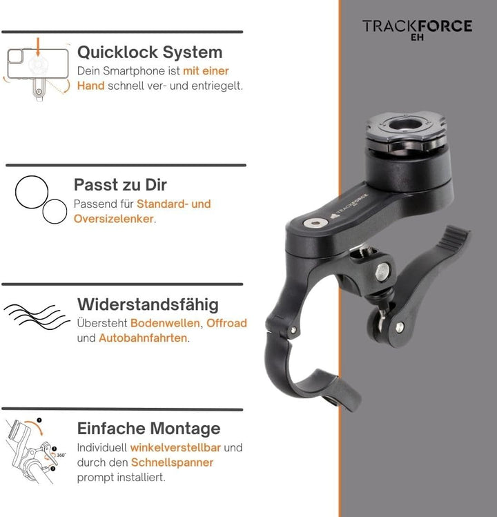 TRACKFORCE - 360° Universelle Handyhalterung mit Vibrationsdämpfer - für Motorrad, Fahrrad & E-Scoot