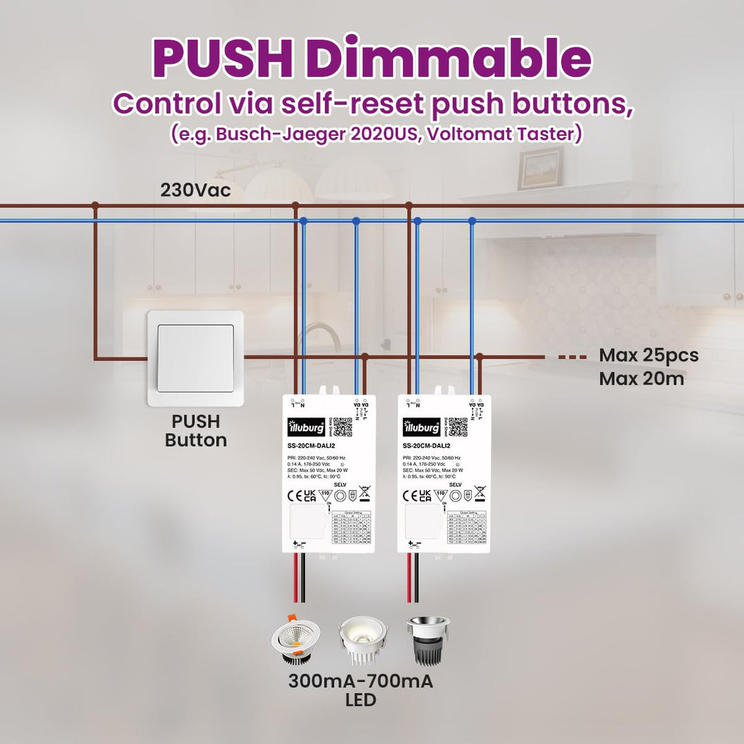 LED Trafo Dimmbar Dali Push 300mA - 700mA Ausgang Einstellbar 20W Flickerfree LED Netzteil Treiber D