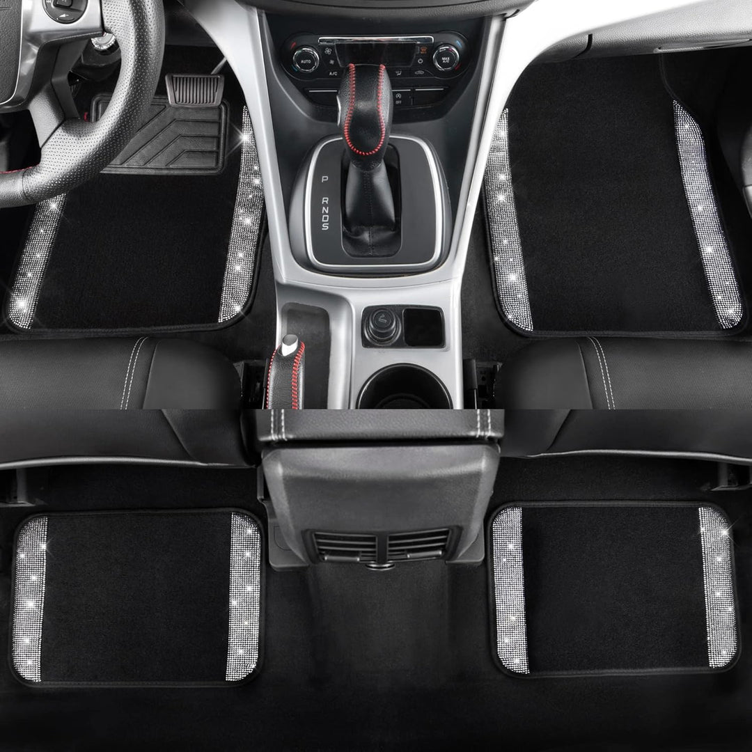 CAR PASS Universal Fit Glorious Strass-Teppich und Leder, komplettes Set, 4-teilig (schwarz und silb