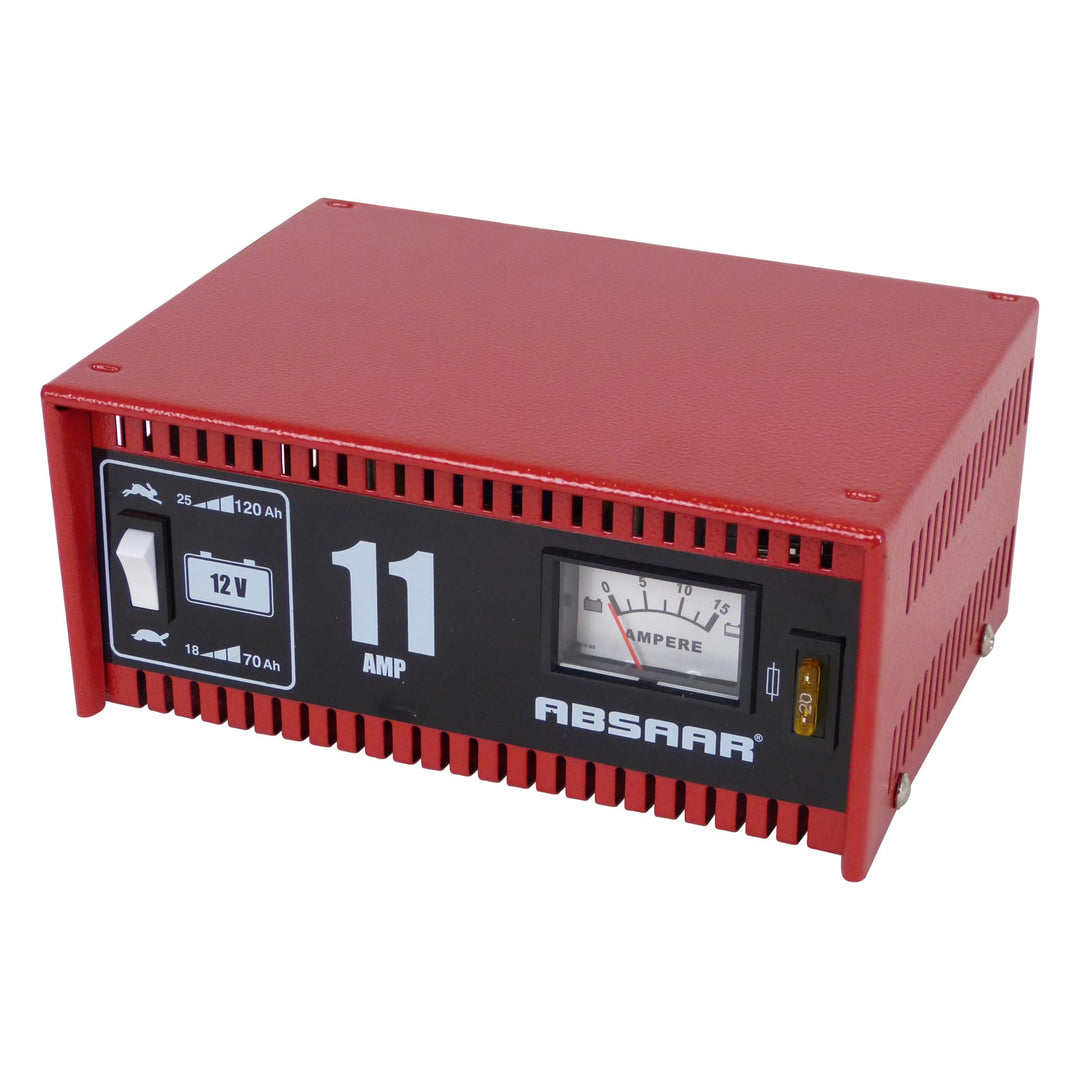 Absaar 77906 Batterieladegerät Werkstattladegerät 11A 12V, für 25 Ah - 120 Ah Batterien, rot/schwarz