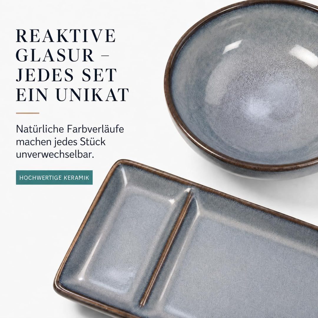 Sushi Geschirr set "Misaki" Graublau für 2 Person, Sushi Set Japanischer Geschirr für Miso Suppe Mak