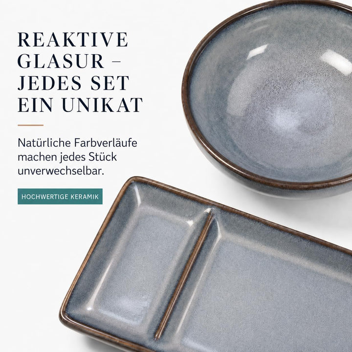 Sushi Geschirr set "Misaki" Graublau für 2 Person, Sushi Set Japanischer Geschirr für Miso Suppe Mak