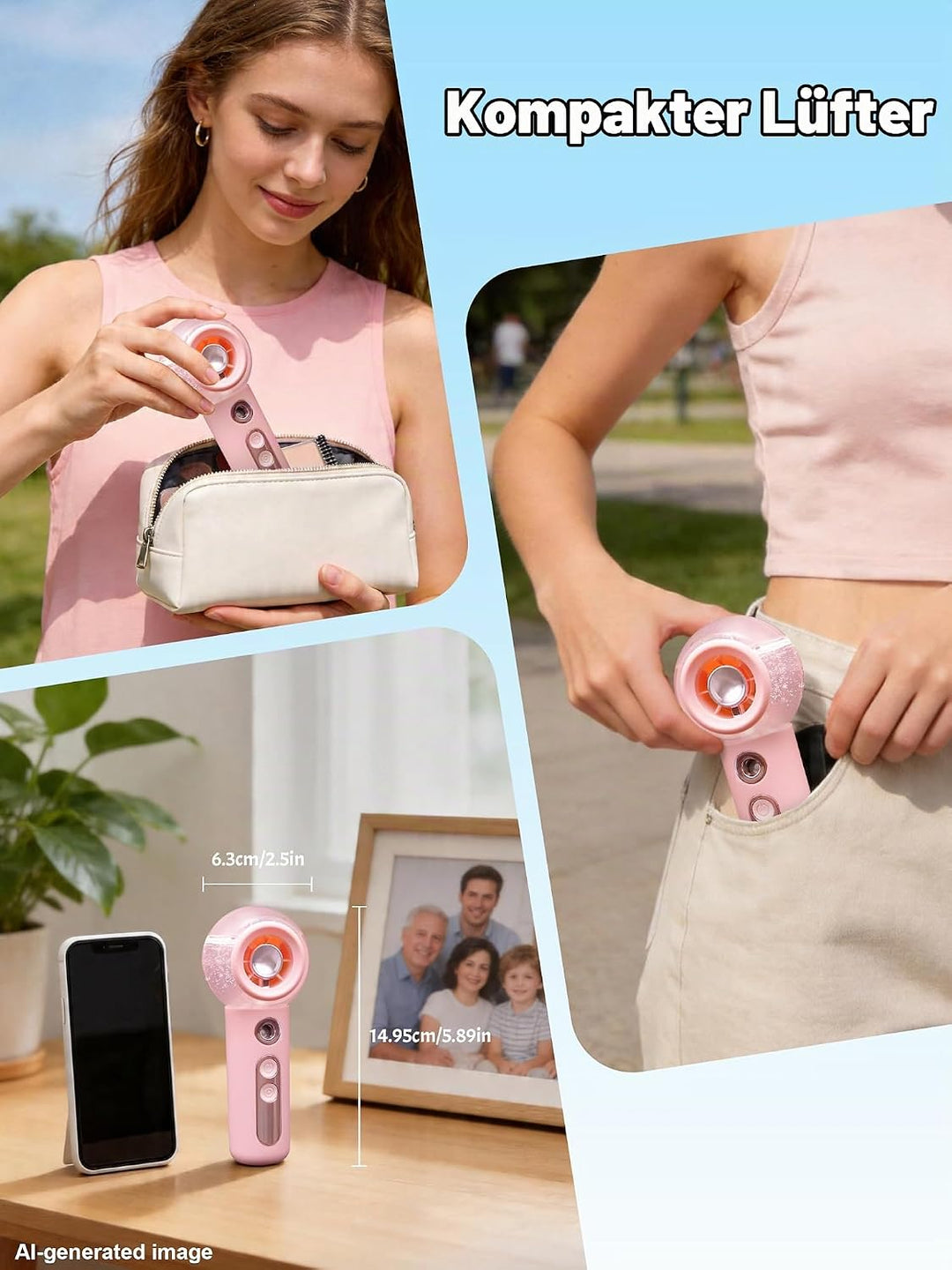 CoolGift Mart Handventilator, Tragbarer Mini Ventilator,Aufladbar, Kleiner Taschenventilator Mit 4 G