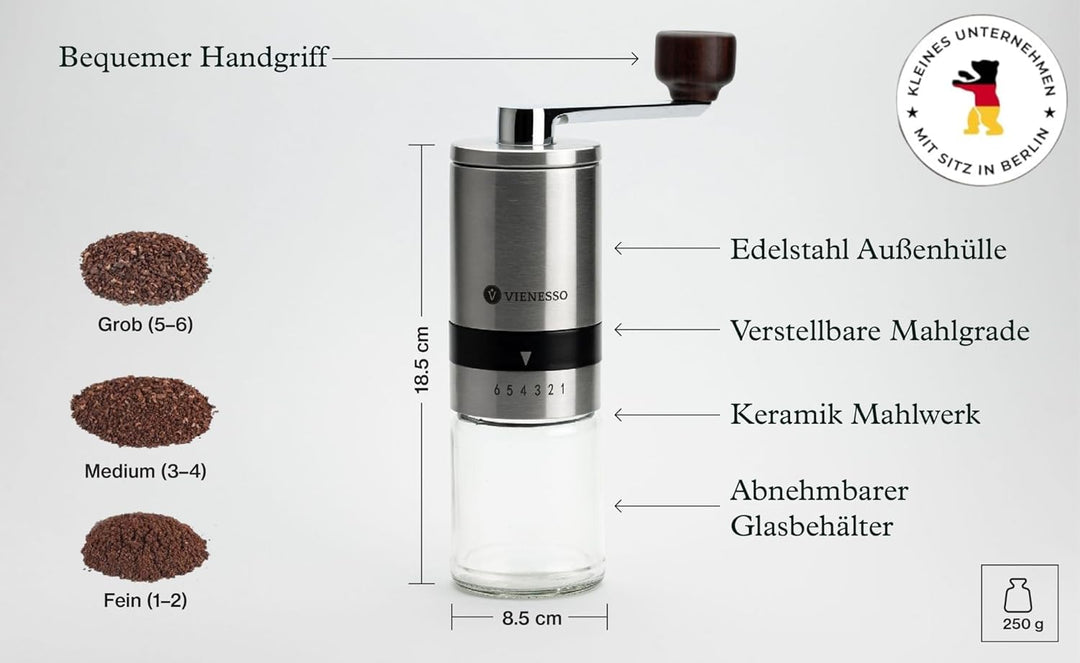 Kaffeemühle manuell aus Edelstahl - Handkaffeemühle mit Keramikmahlwerk & 6 Mahlstufen | kompakte Ka