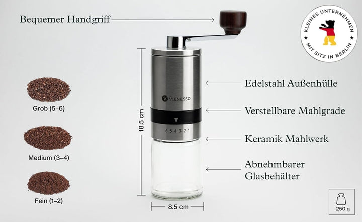 Kaffeemühle manuell aus Edelstahl - Handkaffeemühle mit Keramikmahlwerk & 6 Mahlstufen | kompakte Ka