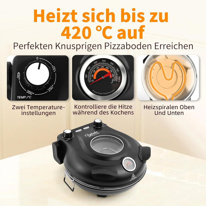 Pizzaofen Elektrisch, 1200W Pizzaofen in 4-Min-Pizza, 31cm Feuerfeste Pizzastein, 420℃ Pizzabackofen