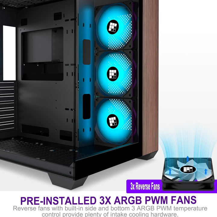 FOIFKIN PC Gehäuse -Holz Walnuss Frontplatte, Vorinstallierter 3 PWM ARGB Lüfter,ATX Mid-Tower Gamin