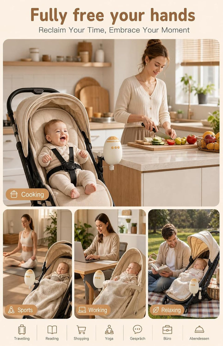 Kinderwagen Schaukler mit 11 Beruhigende Klänge, Wiederaufladbar (USB-C) | Einstellbare Schaukelinte