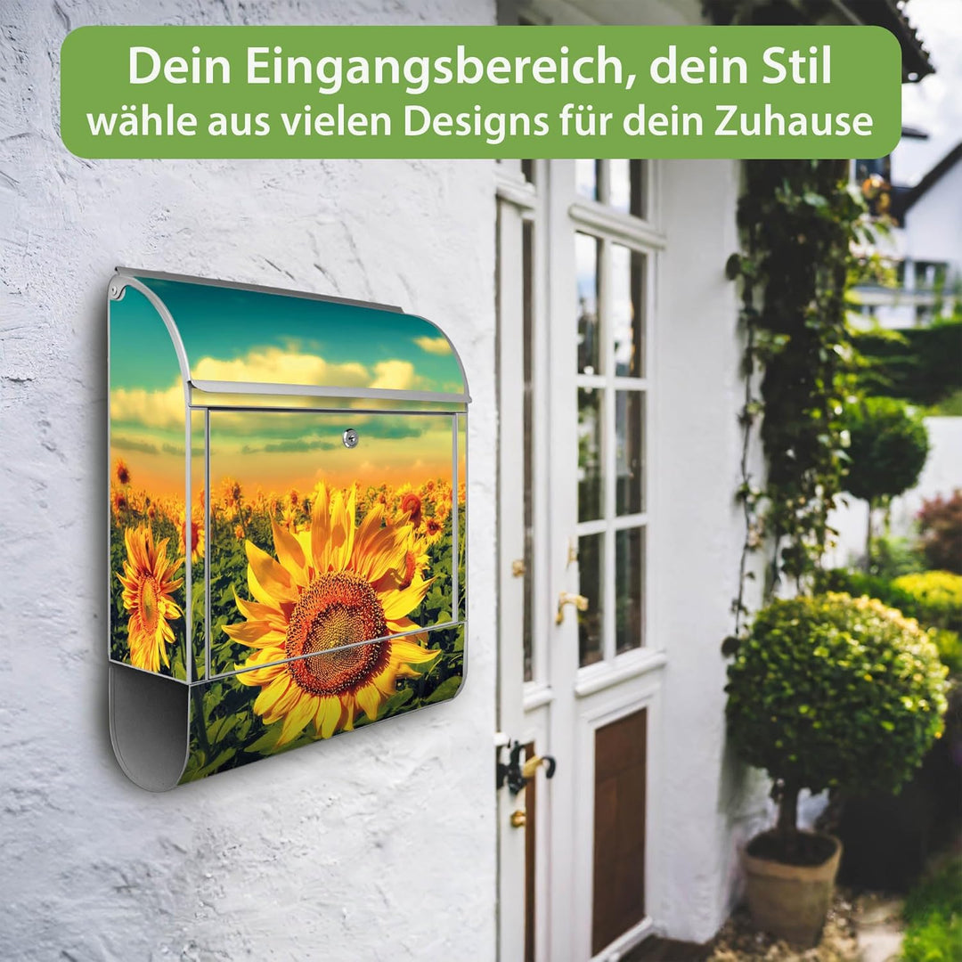 banjado® Design Briefkasten mit Motiv Sonnenblumen 39x47x14cm &amp; 2 Schlüssel - Briefkasten Stahl Silb
