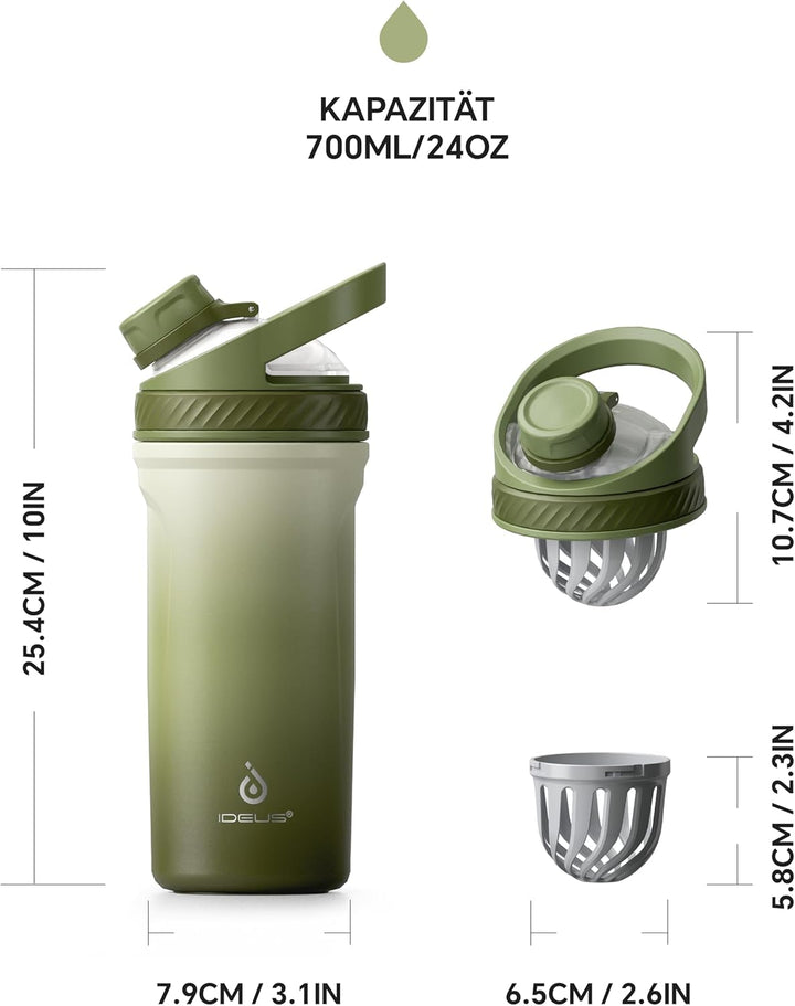 Ideus Shaker Protein Trinkflasche 700ml (24oz)，Doppelwandig Edelstahl Sportflasche mit Skalierlinien