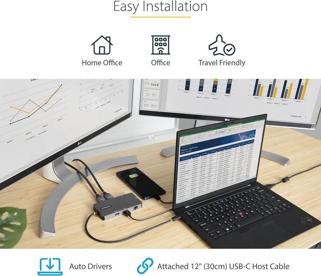 StarTech.com USB C Multiport Adapter, USB C auf Dual HDMI Video, 4K 60Hz, 5Gbit/s USB-A Hub, 100W PD