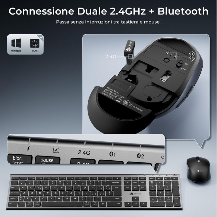 iClever Kabellose Bluetooth-Tastatur und Maus, Dual-Modus (Bluetooth + 2,4 G), wiederaufladbar, ital
