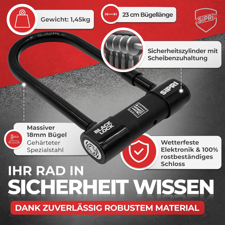 SIPRI® Fahrradschloss mit Alarm 120 dB | Gehärtetes Bügelschloss für E-Bike | E-Scooter & Motorrad |