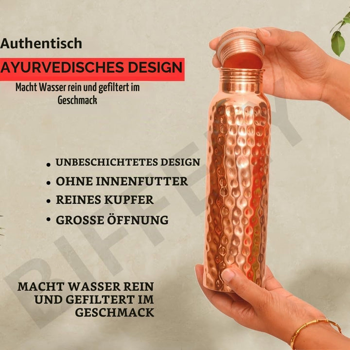 Kupfer-Wasserflasche, handgefertigt, ayurvedisch, 100% reines Kupfer, für Damen und Herren, auslaufs