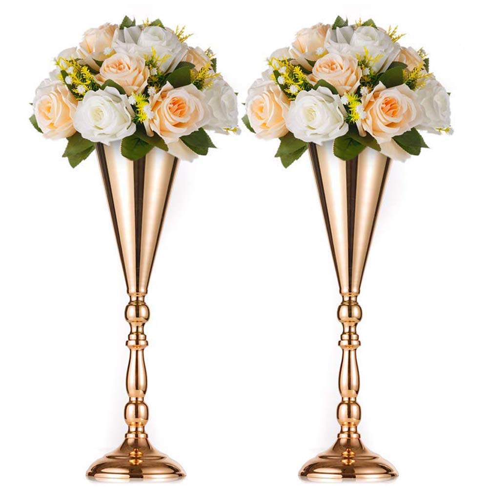 NUPTIO Gold Vase für Hochzeit Tischdeko: 2 Stück 42cm Hohe Blume Trompete Vasen Metall Tische Mittel