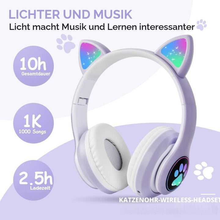 AXFEE Kinderkopfhörer Bluetooth, Katzenohr Over-Ear mit LED-Licht, Faltbar, Stereo, Kabellos mit Mik