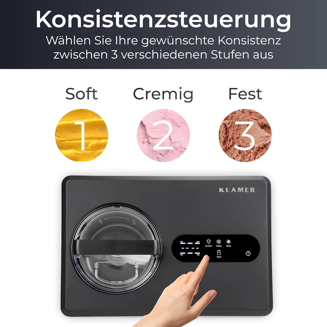 KLAMER 2-in-1 Eismaschine & Joghurtbereiter 2 L, 220 W Eiscrememaschine aus Edelstahl mit Kühl- und