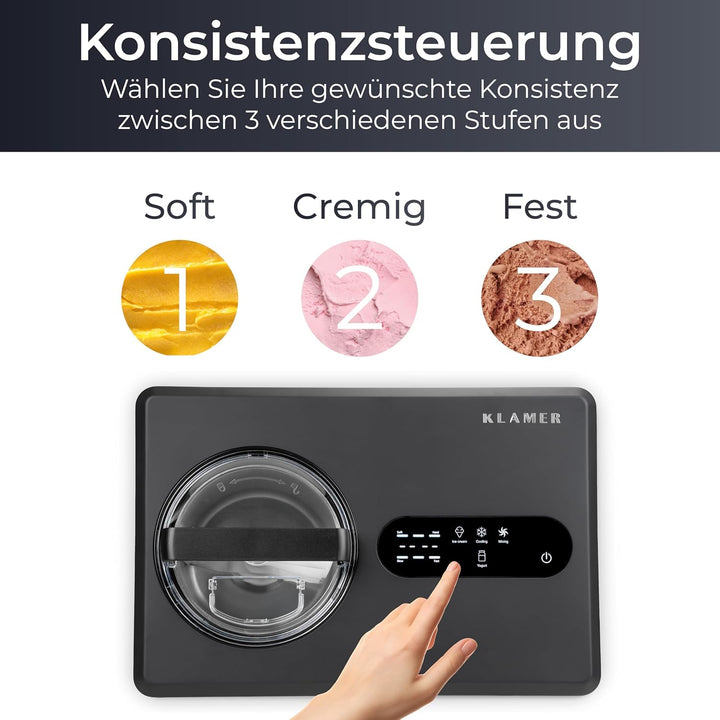 KLAMER 2-in-1 Eismaschine & Joghurtbereiter 2 L, 220 W Eiscrememaschine aus Edelstahl mit Kühl- und
