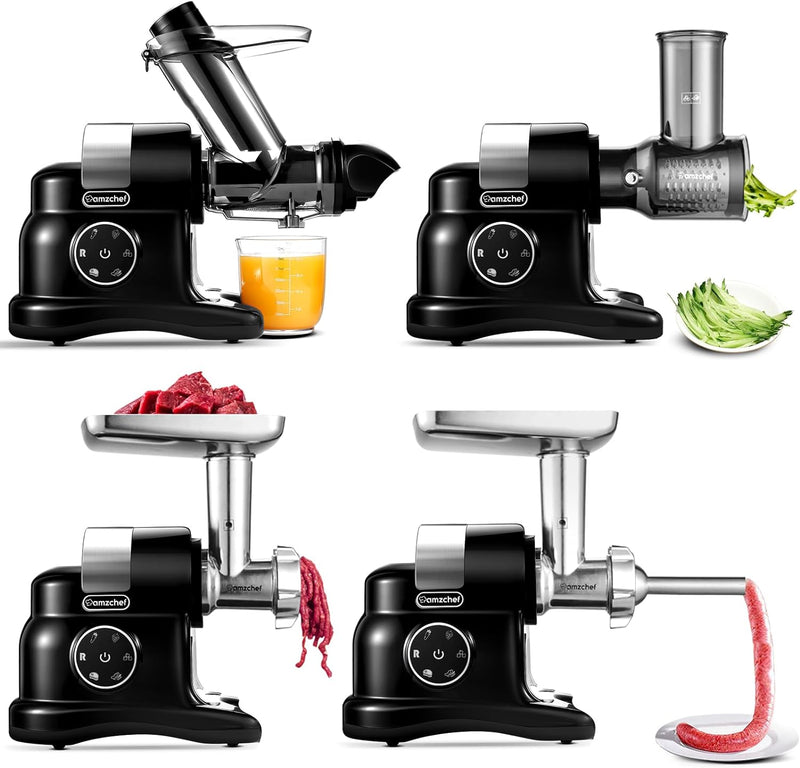 AMZCHEF 4-IN-1 - Entsafter/Gemüseschneider/Fleischwolf/Wurstmacher - Slow Juicer mit 80MM Öffnung fü