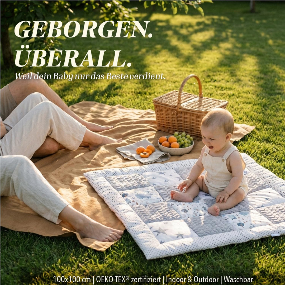 DANKA® Extra dicke Krabbeldecke 100x100 cm – 100% Baumwolle – weich &amp; sicher auf harten Böden – falt