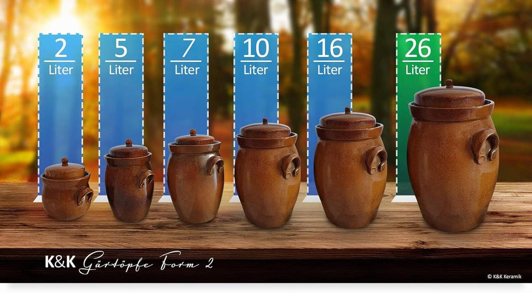KERAZO Gärtopf 26 Liter aus Steinzeug Keramik inklusive Deckel + Stein + Anleitung [Form 2] BRAUN -