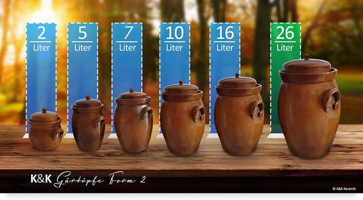 KERAZO Gärtopf 26 Liter aus Steinzeug Keramik inklusive Deckel + Stein + Anleitung [Form 2] BRAUN -