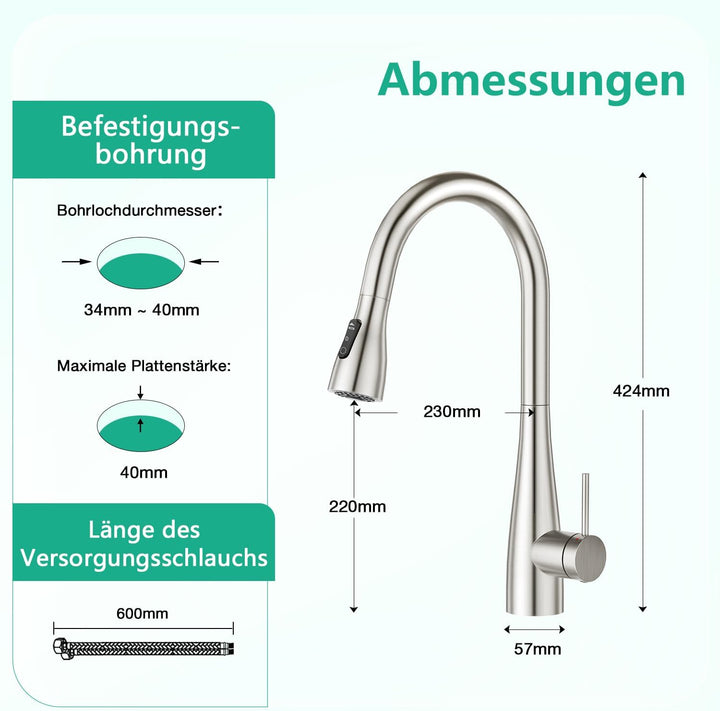 CREA Wasserhahn Armatur Küche Ausziehbar, Küchenarmatur mit Brause 3 Wasserstrahlarten, Hochdruck Ei