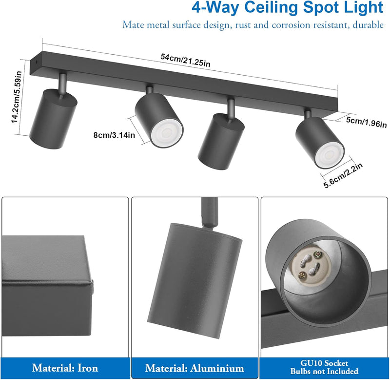 Klighten Deckenstrahler 4 Flammig Dunkelgrau, GU10 Deckenlampe Strahler Schwenkbar, Spotleuchte Dreh