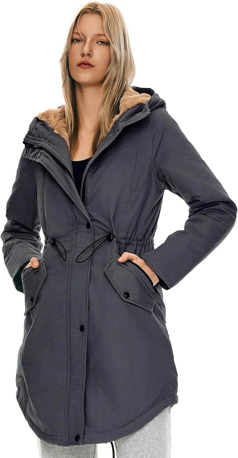 Orolay Damen Kapuzen Fleece Gefüttert Parka-Mantel Mittlere Länge Winter Draussen Gepolstert Jacke X