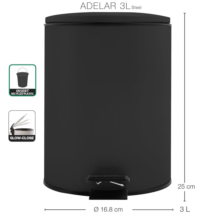 Spirella Kosmetikeimer 3L Schwarz Edelstahl mit Absenkautomatik, Anti-Fingerabdruck, Softclose, gros