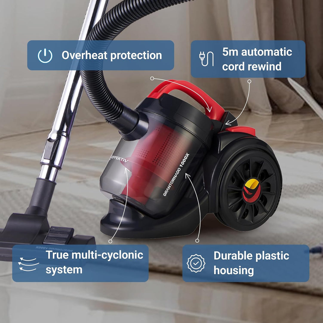 EFFEKTIV Beutelloser Staubsauger GranTornado 1000X, Cyclone 1200W Power Kompakte Bodenstaubsauger oh