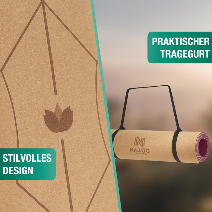 Sports Yogamatte Kork – Rutschfeste Yoga Matte mit Tragegurt & E-Book (PDF Datei) – Trainingsmatte 1