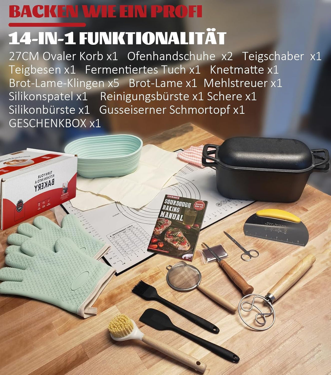 Gusseisen Brotbacktopf mit Deckel & Gärkorb – Dutch Oven für Sauerteigbrot – 4,6L Brotform mit Banne