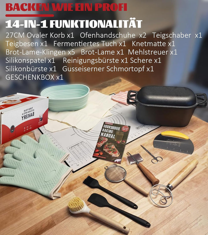 Gusseisen Brotbacktopf mit Deckel & Gärkorb – Dutch Oven für Sauerteigbrot – 4,6L Brotform mit Banne