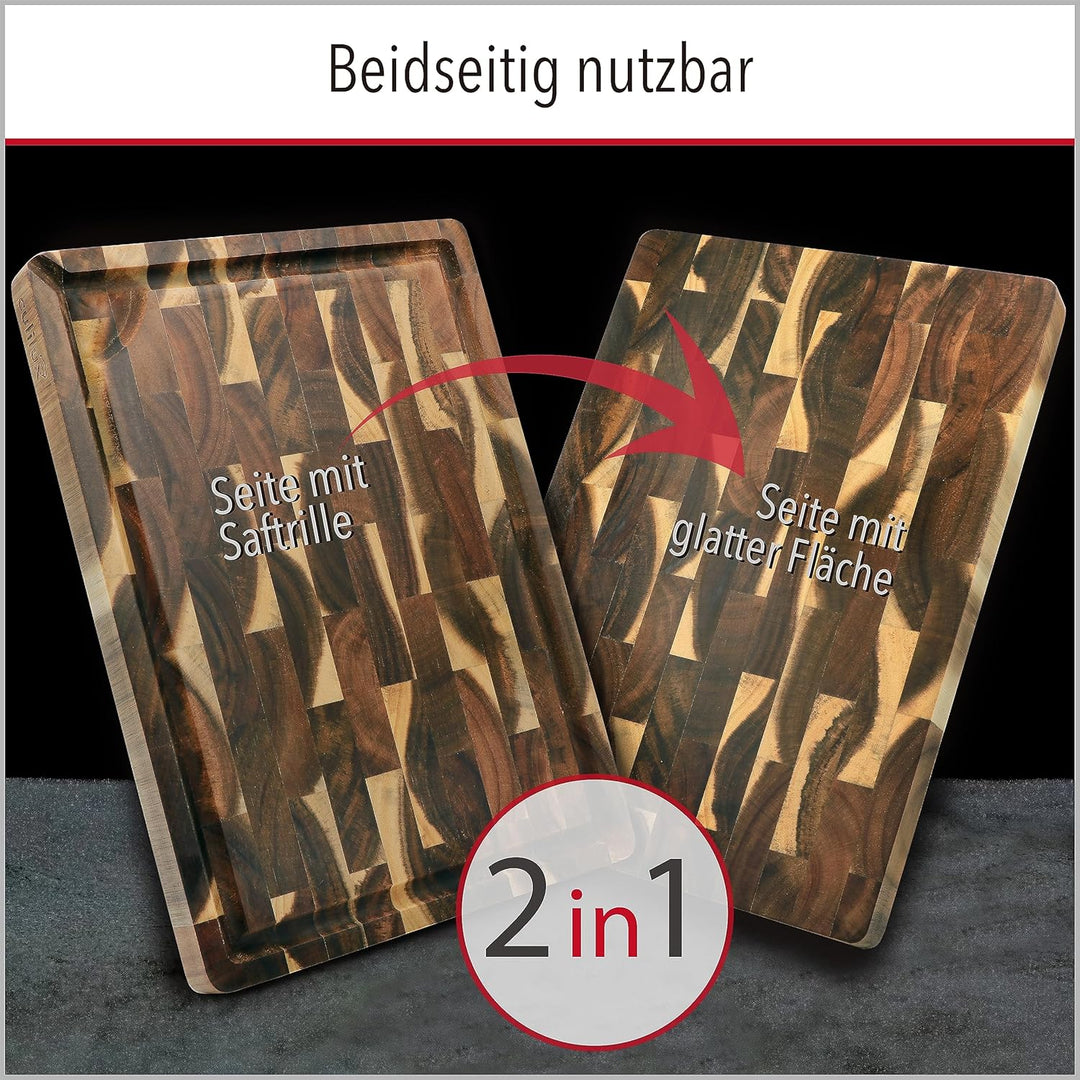 CULILUX Gourmet Schneidebrett M Stirnholz Akazie 2-seitig 35 x 25 x 2.5 cm mit Saftrille antiseptisc