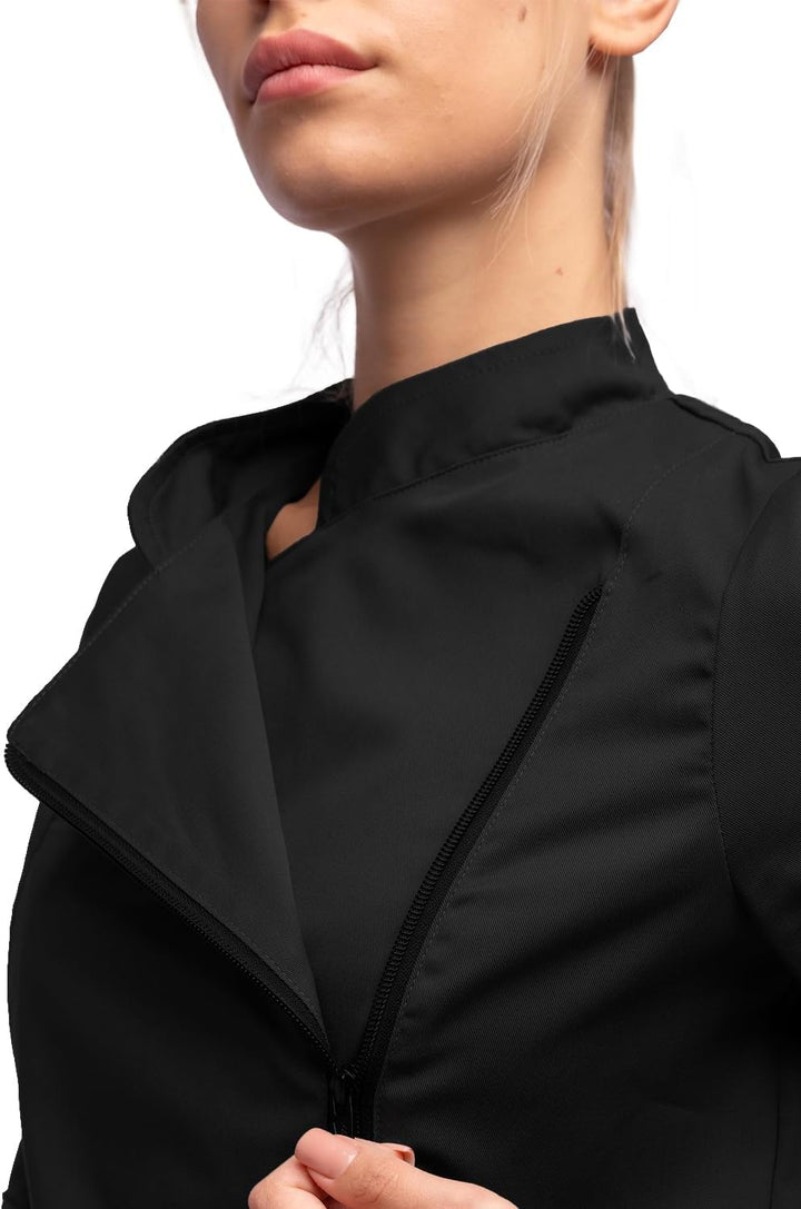 strongAnt Kochjacke Damen kurzarm Stretch mit Druckknöpfen oder Reissverschluss Kochuniform, Schwarz