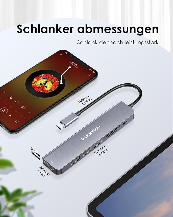 LENTION USB C Hub mit 100W PD Aufladung, 4K@60Hz HDMI, SD/TF Kartenleser, USB-3.0, Adapter USB-C auf