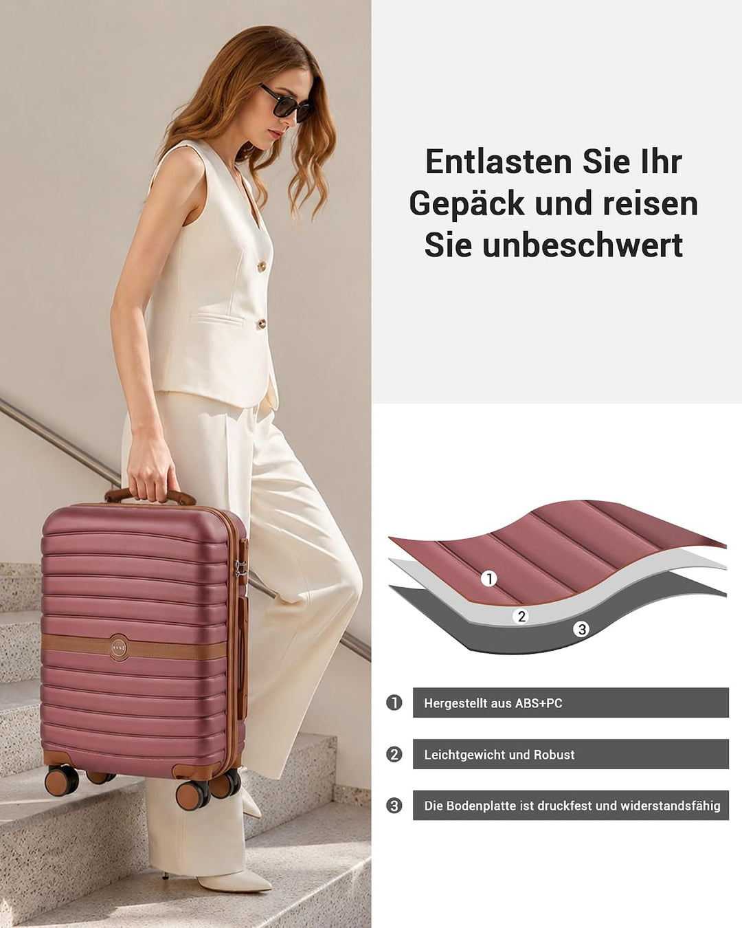 KONO Koffer Reisekoffer Trolley Koffer mittelgross von ABS+PC Hartschalenkoffer mit Zwillingsrollen