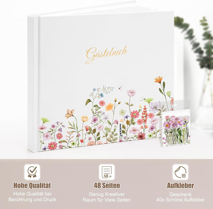 Gästebuch Geburtstag Blanko mit 40 Schöne Aufkleber und 48 Doppelseiten Premium Dickem Papier,Grösse