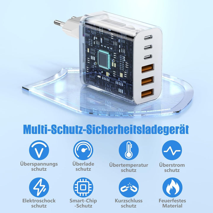 6-Ports USB C Ladegerät für iPhone 17/17E/16/15/14/13/12,65W Mehrfach Ladegerät mit USB-C und USB-A,