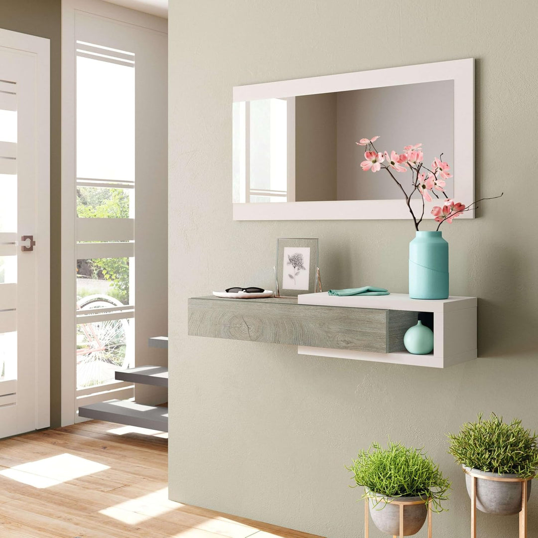 Flur mit Schublade und Spiegel, Eingangsmöbel, Modell Noon, Ausführung in Artik White und Alaska Oak