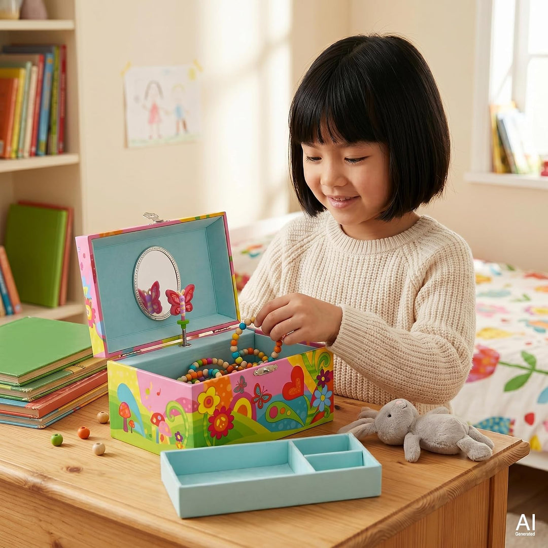 goki 60648 - Musikspieldose Schmetterlingswiese – farbenfrohes goki66 Schmuckkästchen mit tanzendem