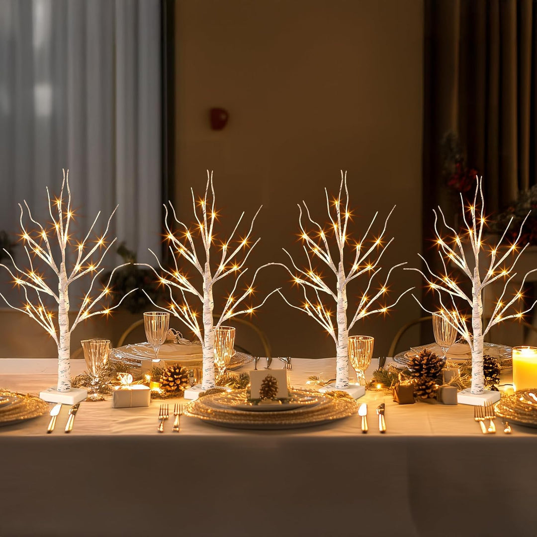 4er Set Lichterbaum mit 24 Warmweissen LEDs Birken Bäumchen mit Timer-Funktion Dekozweige Batteriebe