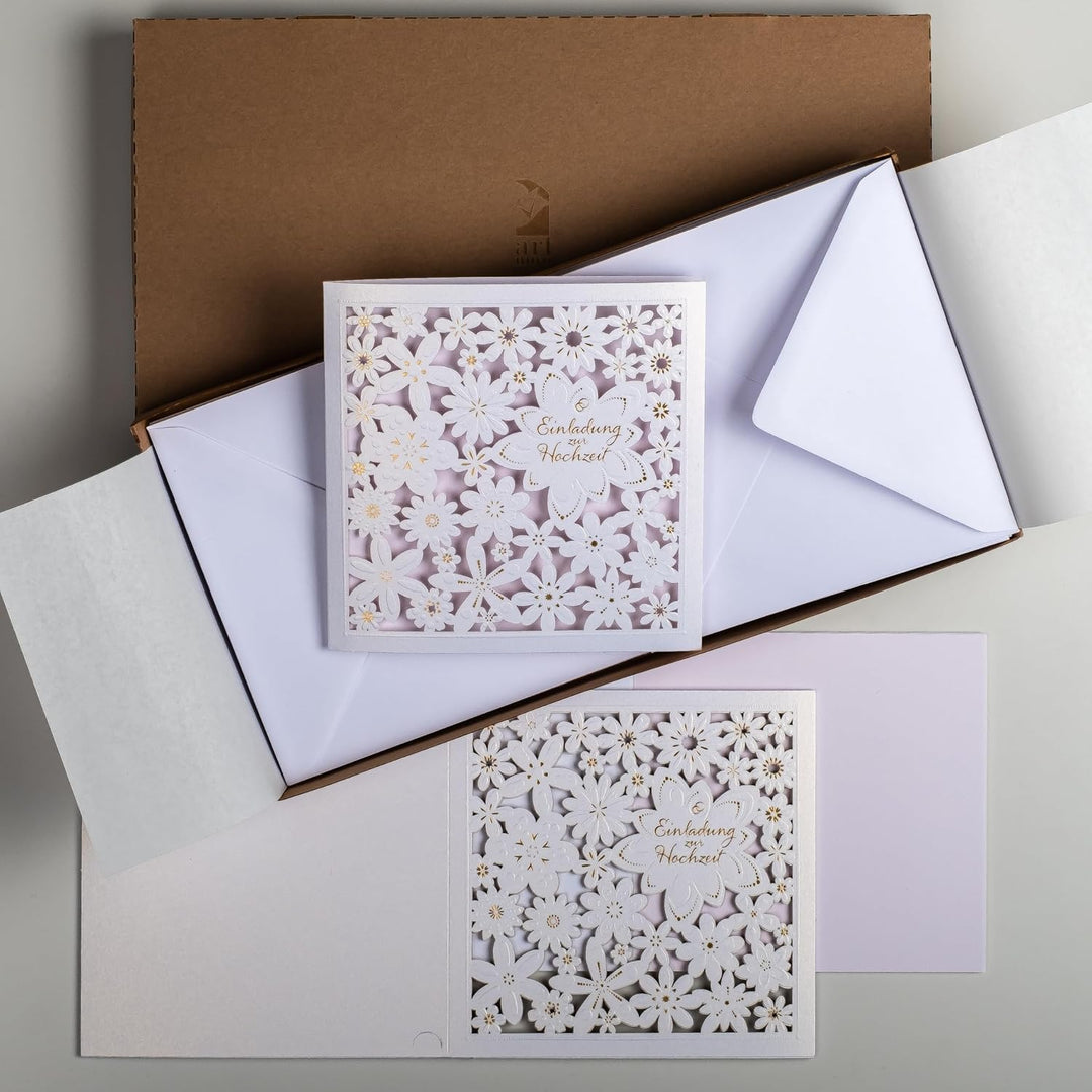HOCHZEITSEINLADUNGEN - 20 St. 135x135mm, MIT BEDRUCKBAREN EINLAGEN UND UMSCHLÄGEN FÜR HOCHZEIT – LAS