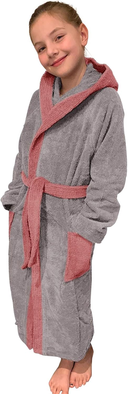 HOMELEVEL Frottee Bademantel für Kinder - Morgenmantel mit Taschen Kapuze Gürtel - Kinderbademantel