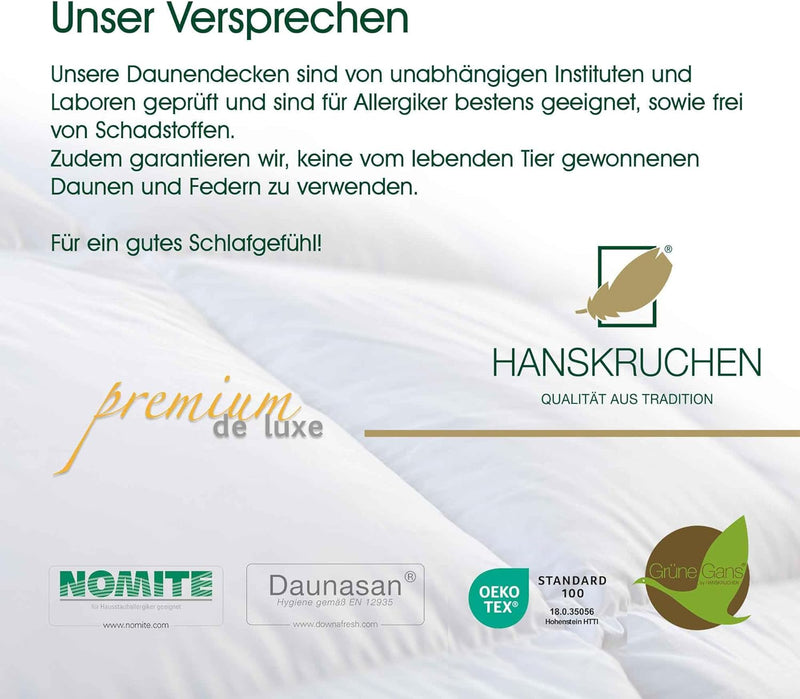 HANSKRUCHEN Premium de Luxe Daunendecke 260x220 cm - Leicht / Übergang - Made in Germany Kassettende
