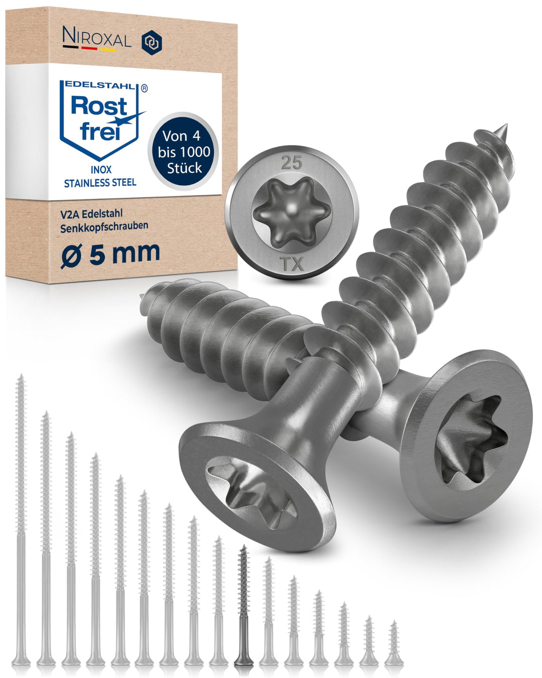 Schrauben Torx Edelstahlschrauben 5x45 Edelstahl V2A rostfrei Spanplattenschrauben für Holz Teilgewi