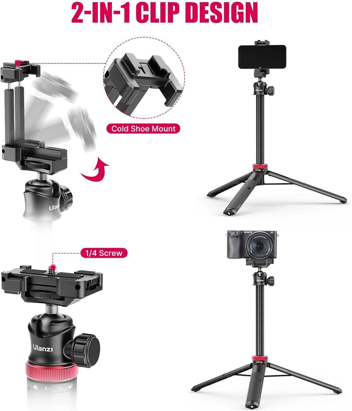 ULANZI MT-44 Selfie Stick Stativ für Telefon und Kamera – Max. 146 cm hoch – Ausziehbar – Schwarz/Ro