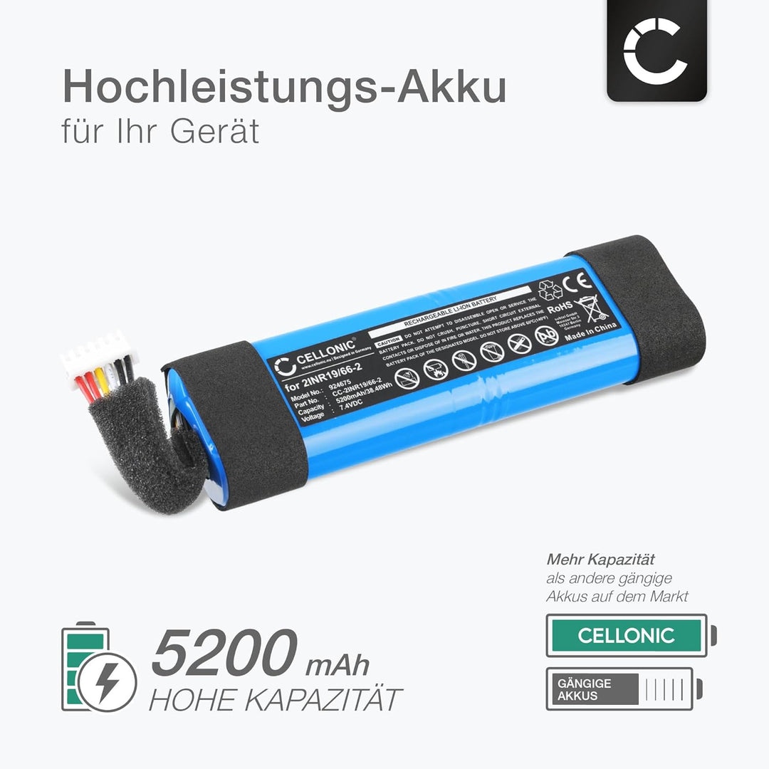 CELLONIC, Lautsprecherakku kompatibel mit JBL Xtreme 2 (5200mAh, 7.4V) Ersatzakku 2INR19/66-2 1x Akk